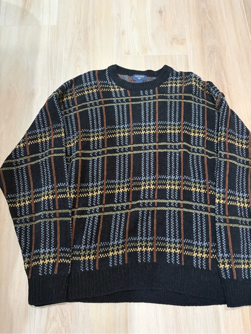 Dockers Black Crewneck Sweater with Gray, Brown and Yellow Plaid
